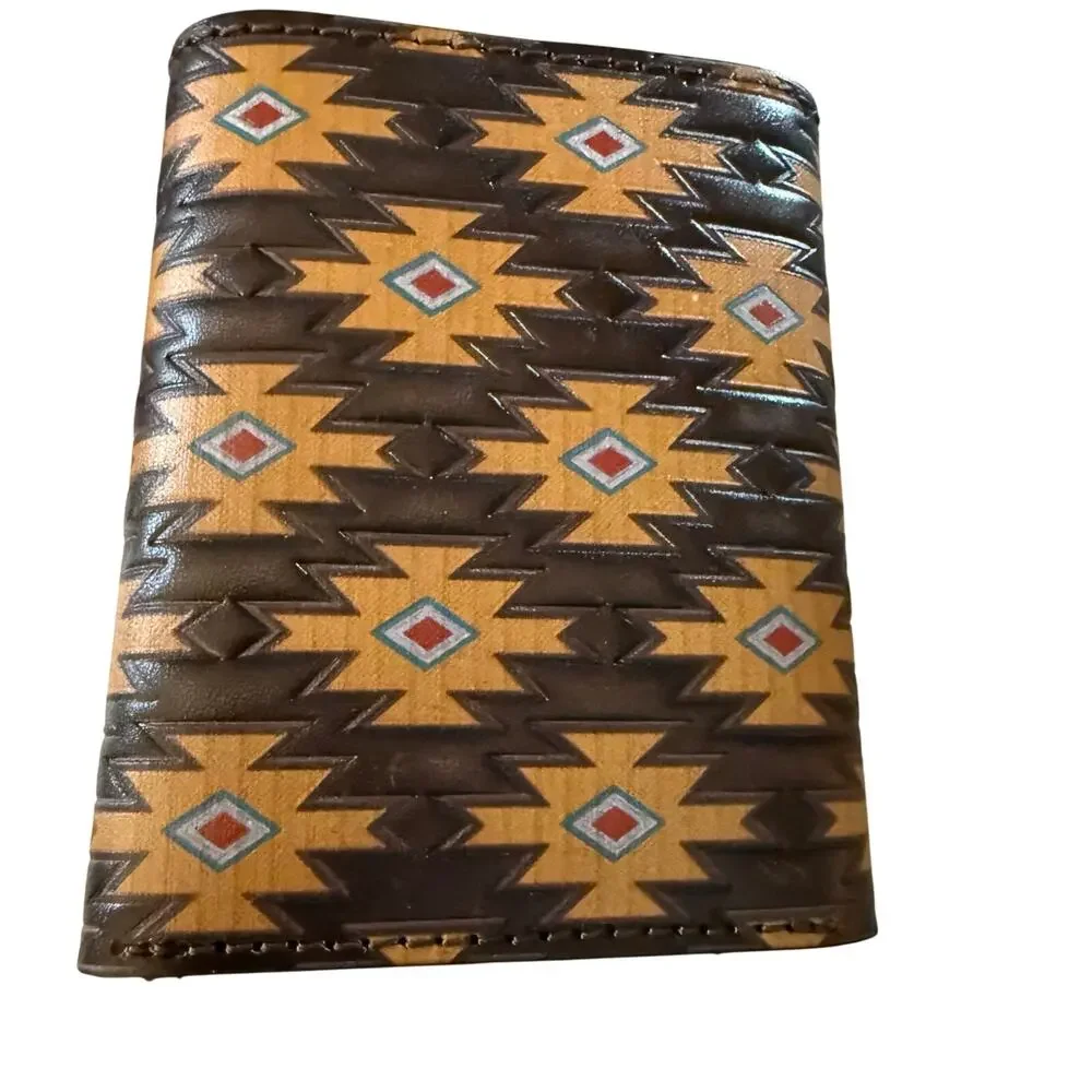 Red Dirt Hat Company Southwest Pattern Brown Leather Men's Trifold Wallet, NWT